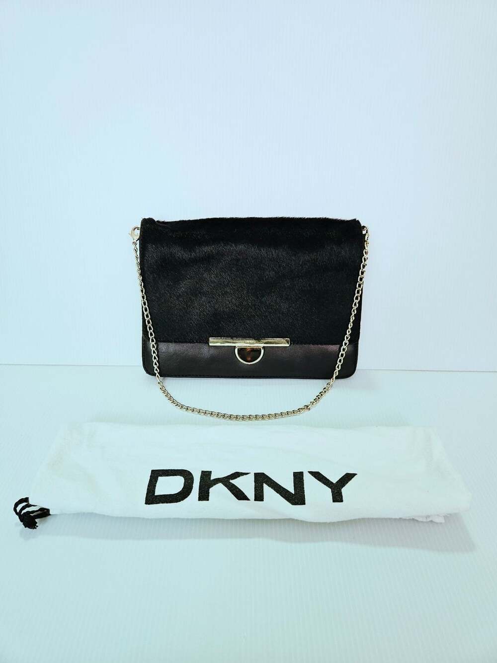 DKNY Black Lambskin Leather Calf Hair Clutch Crossbody Chain Strap Dust Bag